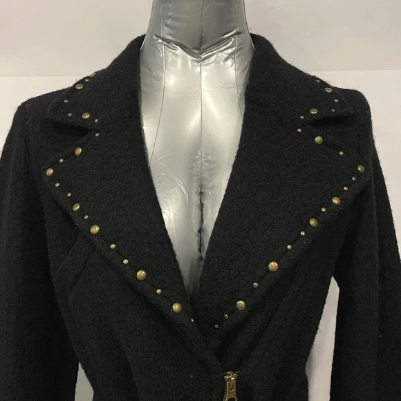 A Giannetti Black 100% Wool Knit Studded Collar Belted Moto Jacket Womens sz M - Picture 3 of 5